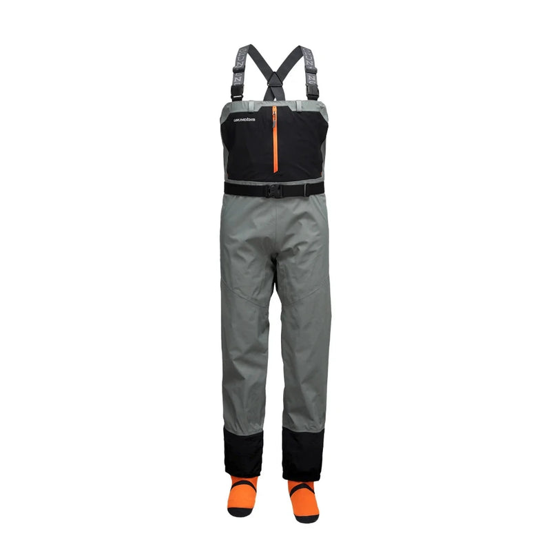 Men's stockingfoot waders in sage gray with black chest bib and orange accents