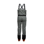 Men's stockingfoot waders, dark gray bib and legs with black cuffs and orange soles