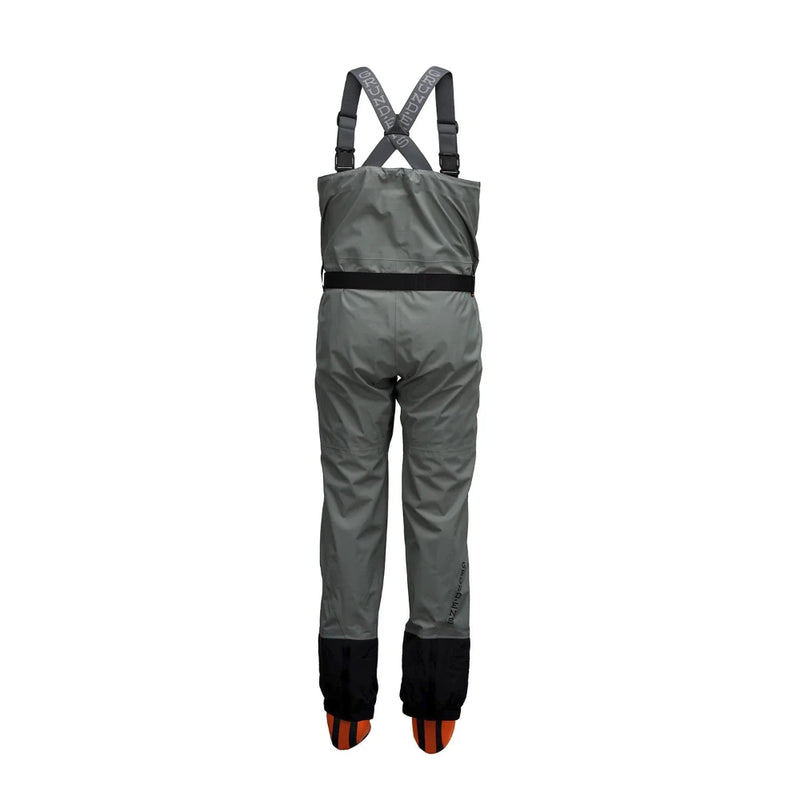 Men's stockingfoot waders, dark gray bib and legs with black cuffs and orange soles