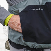 Men's stockingfoot waders chest panel with GRUNDENS logo and gray bib trim