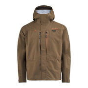 Men's wading jacket with hood, front zipper, and chest pockets, olive-brown