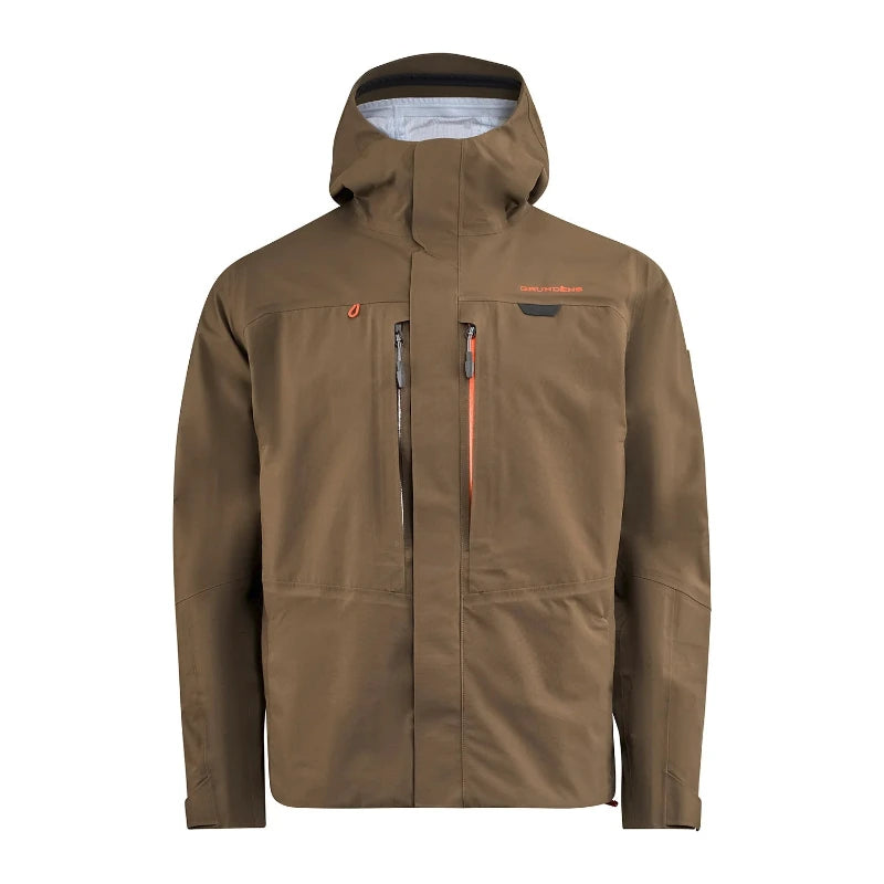 Men's wading jacket with hood, front zipper, and chest pockets, olive-brown