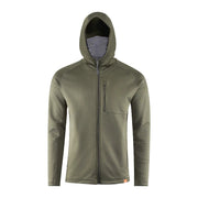 Olive green thermal zip-front hoodie with hood and chest pocket