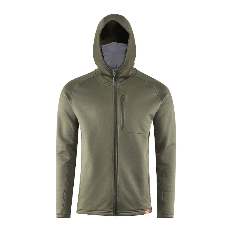 Olive green thermal zip-front hoodie with hood and chest pocket