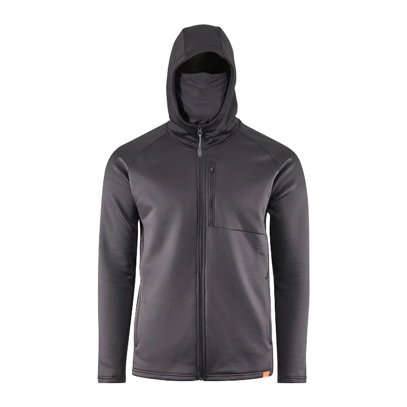 Dark gray thermal zip-front hoodie with hood and vertical zipper