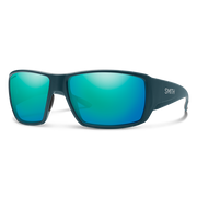Polarized sunglasses with dark teal frame and mirrored turquoise lenses
