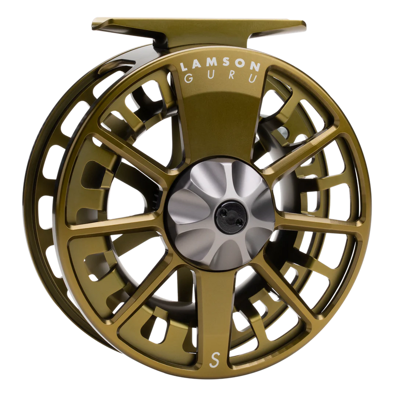 Lamson Guru S fly reel, olive green with silver spokes and black center