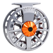 Lamson Guru S fly reel, silver with orange hub and black center