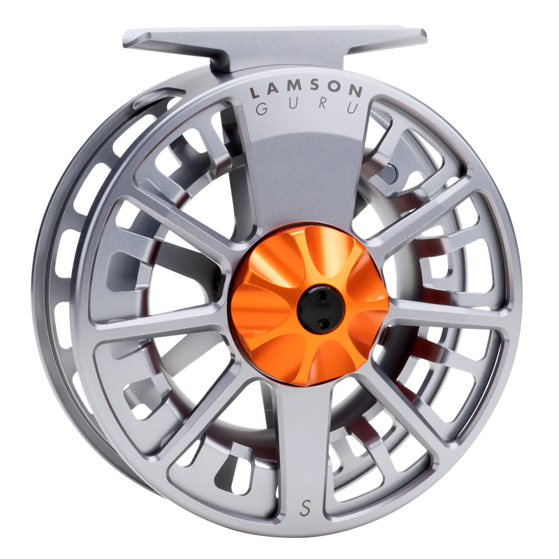Lamson Guru S fly reel, silver with orange hub and black center