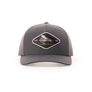 Charcoal Grundens trucker cap with front white logo patch