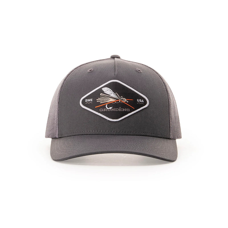 Charcoal Grundens trucker cap with front white logo patch