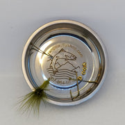 Round metal magnetic hook dish with gold beads and green tuft, HMH