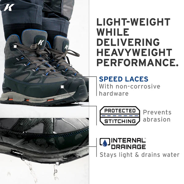 Lightweight lace-up boot, dark gray and blue with orange outsoles and side panels
