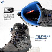 Ankle-support lace-up boot with blue padded collar and dark gray upper, orange trim