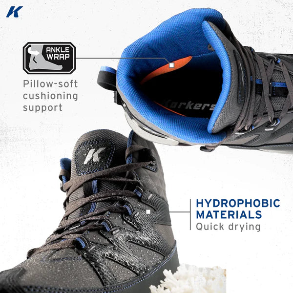 Ankle-support lace-up boot with blue padded collar and dark gray upper, orange trim