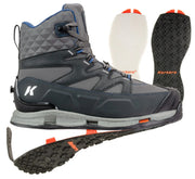Men's lite hiking boot in dark gray with blue accents and orange sole detail