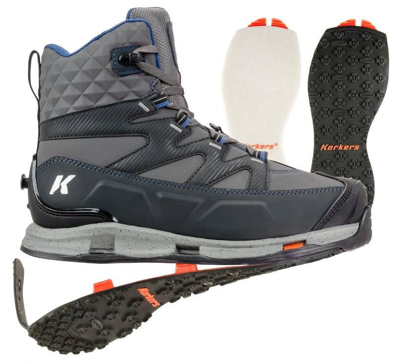 Men's lite hiking boot in dark gray with blue accents and orange sole detail