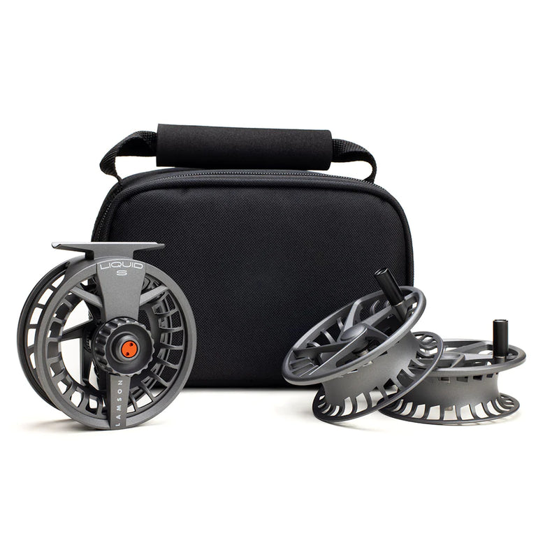 Fly fishing reel and spools set with black storage case, shown with gray spare spools