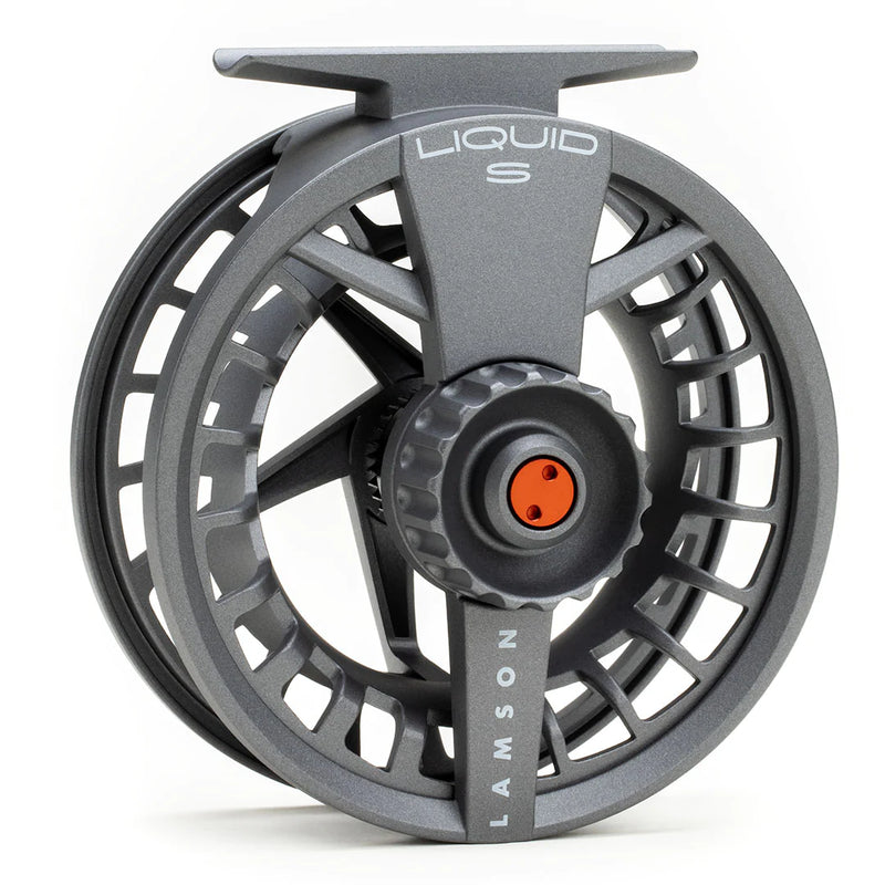 Fly fishing reel with dark gray spoked wheel and orange center cap