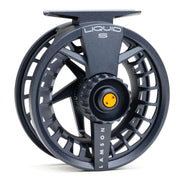 Fly fishing reel with dark gray spoked wheel and yellow center cap