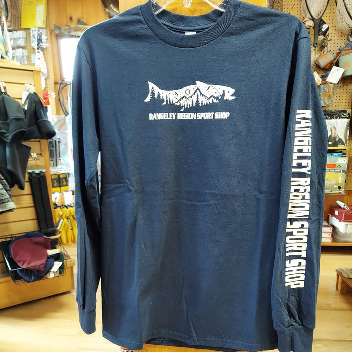 Navy blue long sleeved shirt with trout design and shop name on left sleeve and under trout