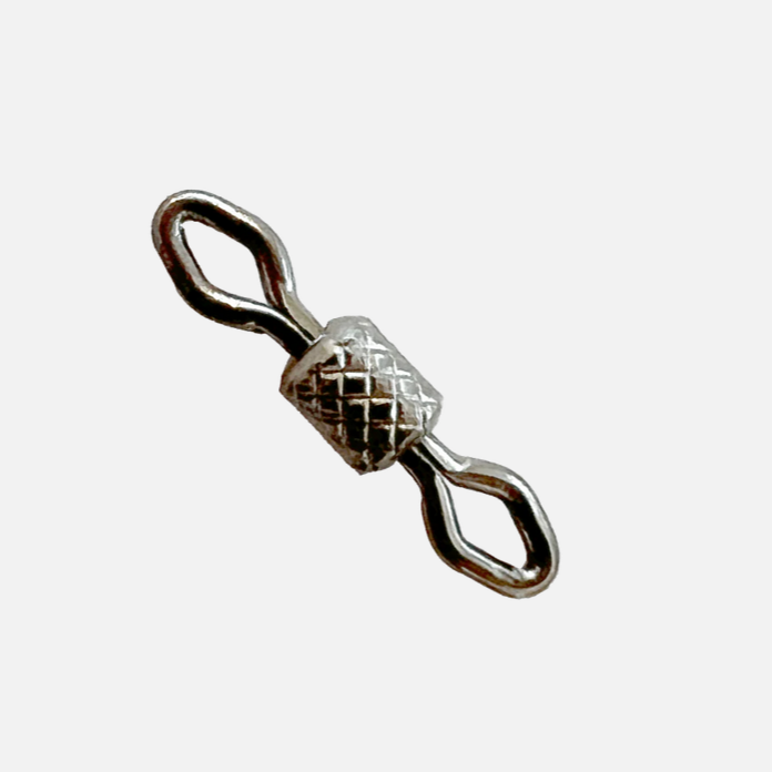 Micro swivel link with two metal eye loops, shiny chrome finish