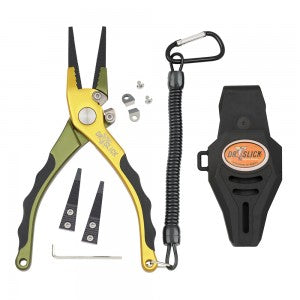 the green and yellow microburst Dr. Slick plier with bungee, extra cutters, Jaws,  and holster