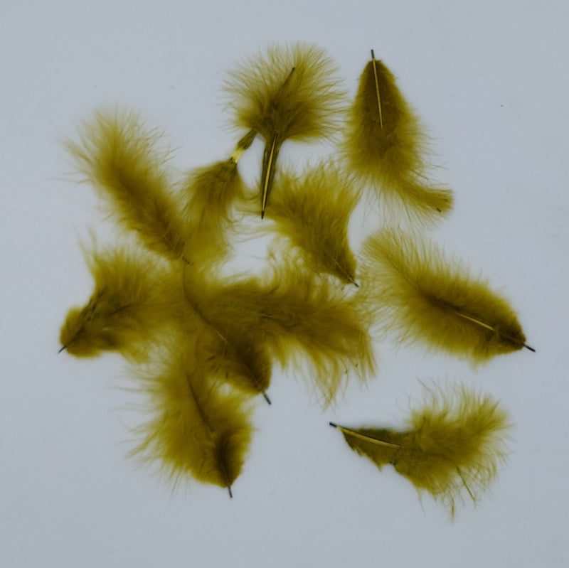 Mini marabou feather trim, olive-green feathers with barbs and stitched stems