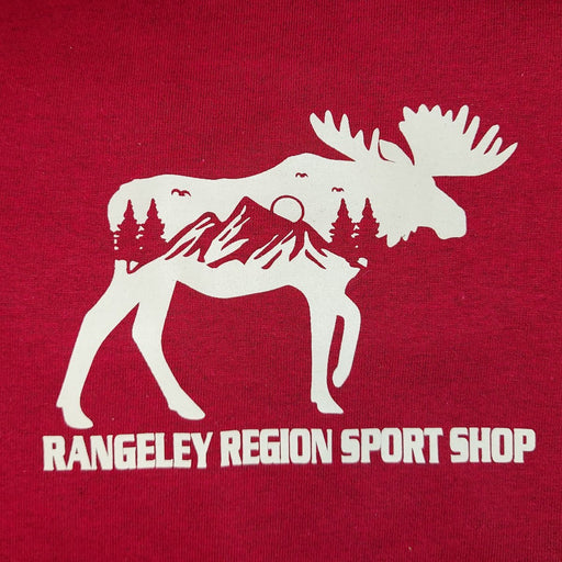 Red shirt with moose and landscape design and Rangeley Region Sport Shop name