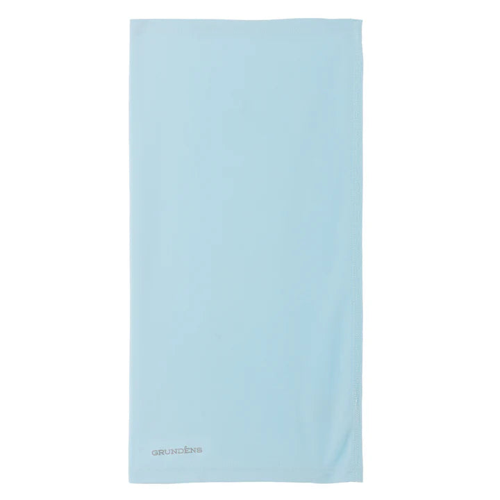 Sky blue neck gaiter with small Grundens logo at bottom edge