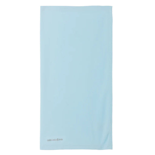 Light blue neck gaiter with a small Grundens  brand logo on a white background