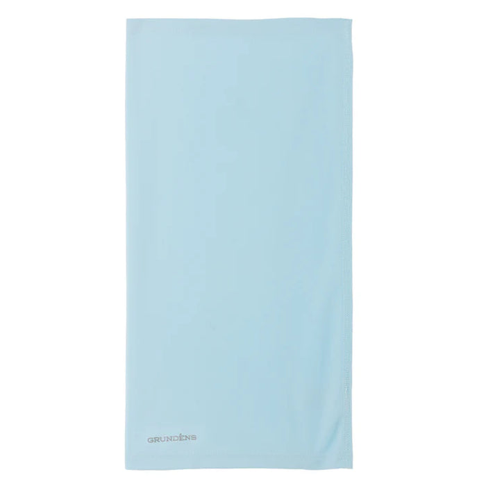 Light blue neck gaiter with a small Grundens  brand logo on a white background
