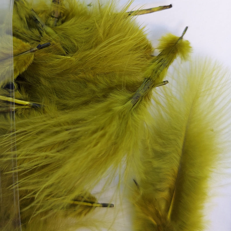 Mini marabou feather trim close-up, olive-green plumes with barbs and thread tips