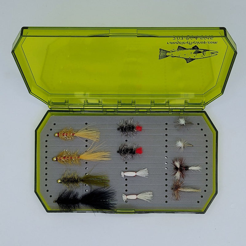 Green fishing fly collection case opened, showing mixed artificial flies on foam inserts