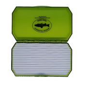 Open green fly box with stacked gray foam inserts and snap-close hinge
