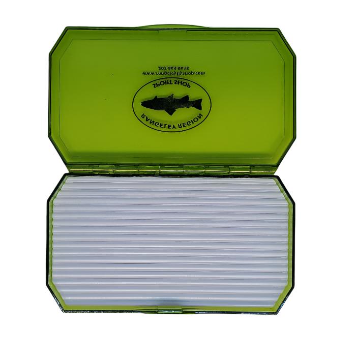 Open green fly box with stacked gray foam inserts and snap-close hinge