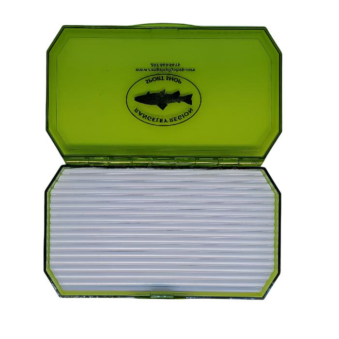 Open fly box with transparent green lid and secure holding system