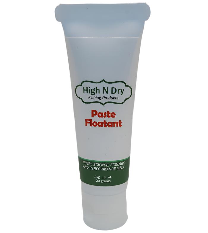 Fly paste floatant squeeze tube, light gray with High N Dry logo and label