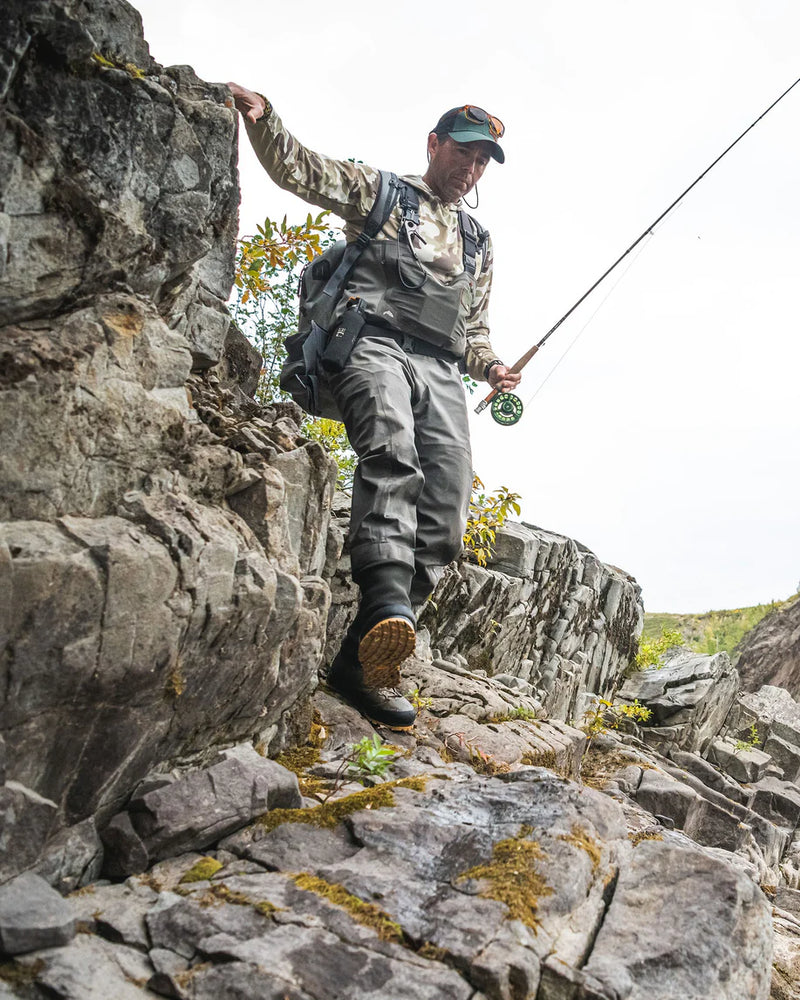 Gunmetal chest waders with adjustable suspenders and stocking feet