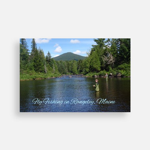 Scenic postcard showing anglers fishing from a calm lake near pine forest