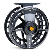Fishing reel with dark gray spoked spool, yellow center cap, top handle