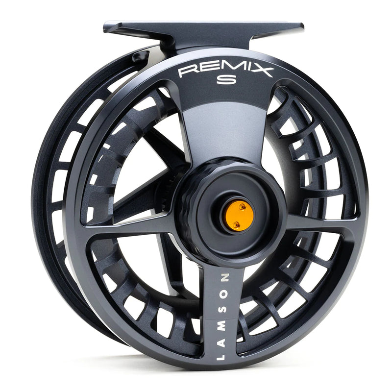Fishing reel with dark gray spoked spool, yellow center cap, top handle