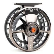 Fishing reel with black and gray spoked spool, orange center knob, top handle
