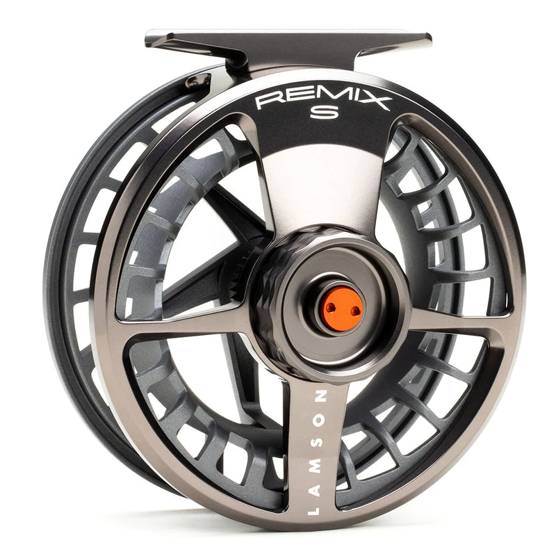 Fishing reel with black and gray spoked spool, orange center knob, top handle