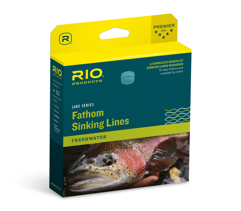 Rio Premier Fathom sinking line box, yellow and teal, freshwater fishing line