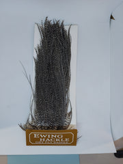 Ewing Hackle dry fly saddle on card, dark grizzly feather fibers