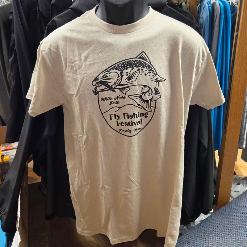 Cream crewneck T-shirt with fly fishing festival fish graphic on front