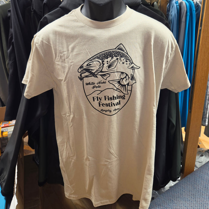 Cream crewneck T-shirt with fly fishing festival fish graphic on front