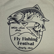 Cream T-shirt close-up with black fly fishing festival fish logo and text