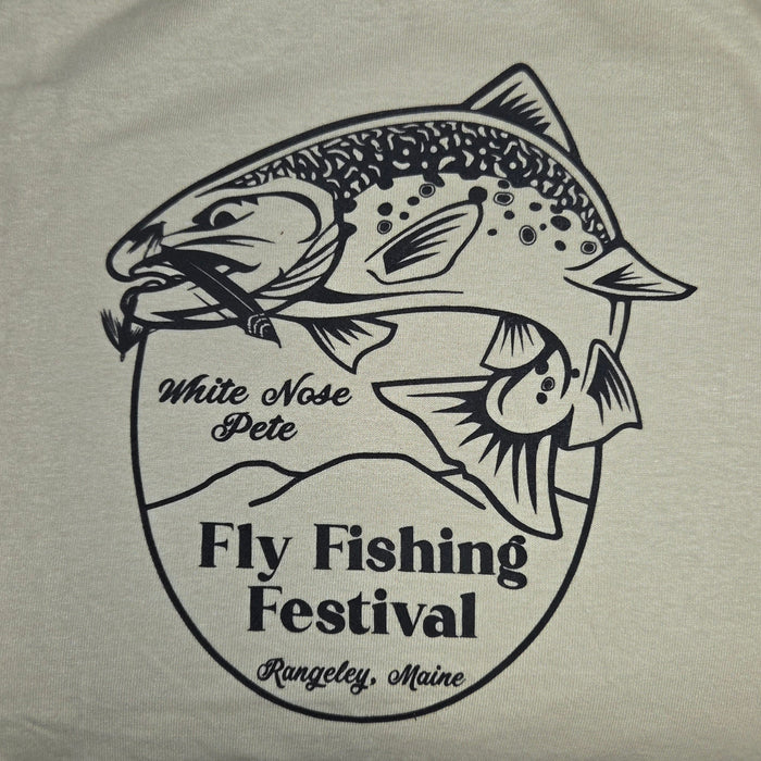 Cream T-shirt close-up with black fly fishing festival fish logo and text